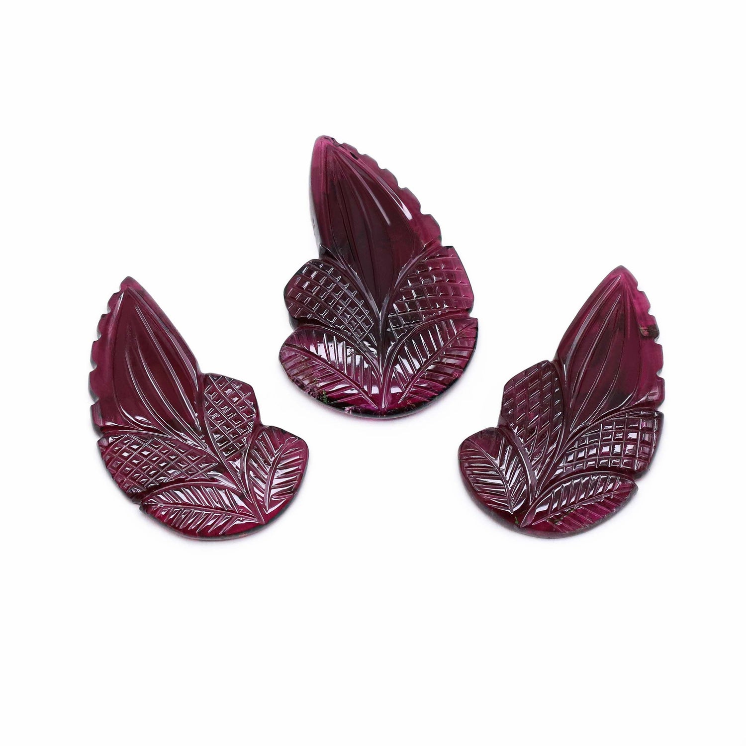 Rubellite Tourmaline 32x20mm and 30x17mm Carved Fancy Shape Pendant with Earring Set