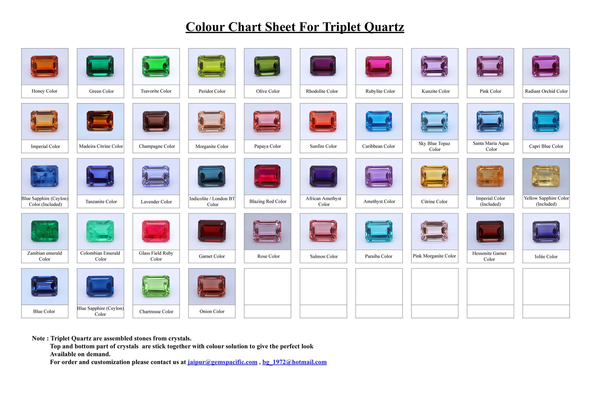 Doublet/Triplet Quartz Gemstone Color Chart